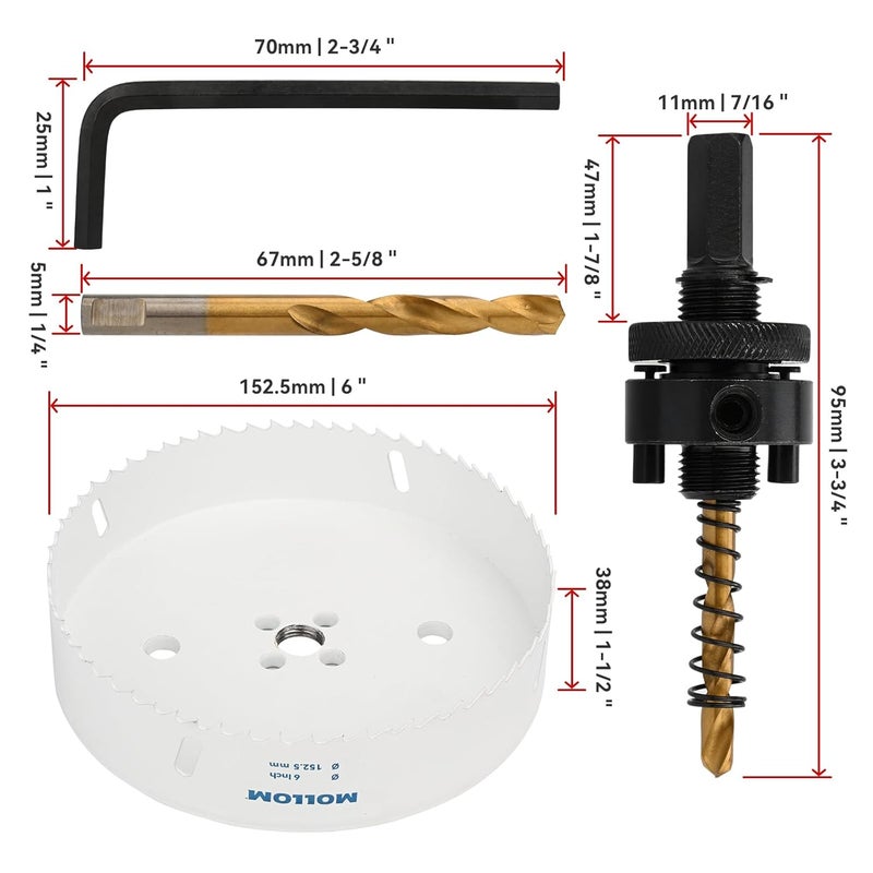 Mollom (152.5mm | 6") HSS M42 with 8% Cobalt BI-Metal Hole Saw with 2 Pilot Drill Bits & Arbor Smooth Cutting for PVC,Drywall,Wood,Plastic,Gypsum Board,Rubber - Image 2